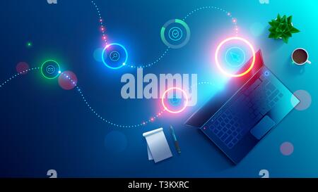 Software Entwicklung, Arbeiten am Laptop. Nacht Arbeitsplatz von coder Ansicht von oben. Programmierung von online internet Website. Desktop Application Design Stock Vektor