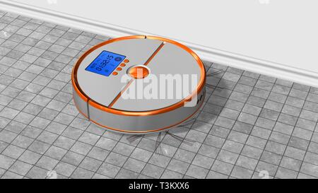 Automatisierte Roboter Staubsauger arbeitet auf Stein Boden Stockfoto