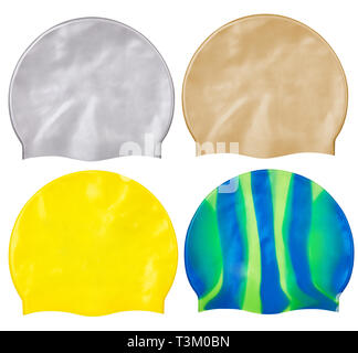 Satz von verschiedenen Kappen für Schwimmen aus Gummi oder Silikon, auf einem weißen Hintergrund. Silber, Gold, Gelb und Grün und gelb gestreifte Kappen Stockfoto