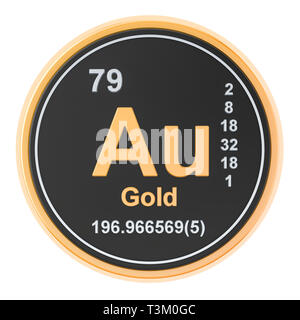 Gold aurum Au chemische Element unterzeichnen. 3D-Rendering auf weißem Hintergrund Stockfoto