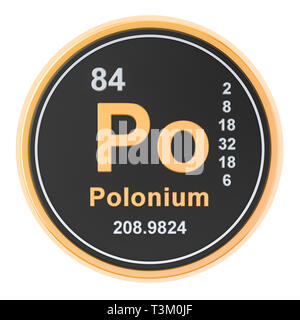 Polonium Po chemisches Element, Zeichen. 3D-Rendering auf weißem Hintergrund Stockfoto