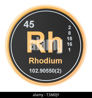 Rhodium Rh chemisches Element, 3D-Rendering auf weißem Hintergrund Stockfoto