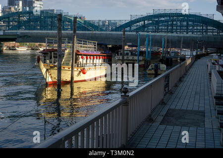 Kreuzfahrten sind sehr beliebt auf Sumida River in Tokio. Es ist eine großartige Möglichkeit, die Stadt zu sehen, wenn Sie genügend Zeit haben, den ganzen Tag auf dem Wasser zu verbringen. Stockfoto