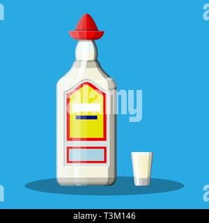 Flasche tequila mit Glas. Tequila Alkohol trinken. Traditionelle mexikanische Getränk. Vector Illustration im flachen Stil Stock Vektor