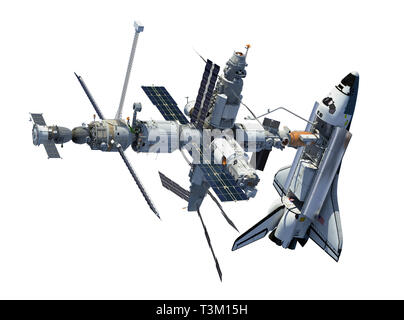 Space Shuttle und Raumstation isoliert auf weißem Hintergrund. 3D-Darstellung. Stockfoto