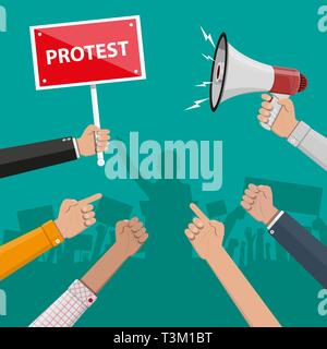 Cartoon von einschreibegebuehr und Hand mit Megaphon, Protest, Revolution, Konflikt. Vector Illustration im flachen Stil Stock Vektor
