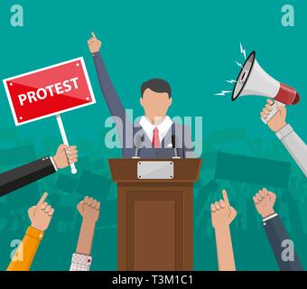 Öffentlicher Redner Politiker auf dem Podium. Hände von einschreibegebuehr und Hand mit Megaphon, Protest, Revolution, Konflikt. Vector Illustration in Stock Vektor
