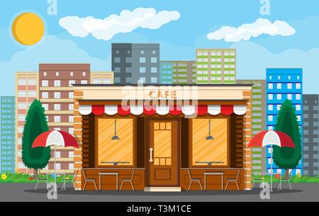 Cafe shop Exterieur. Street Restaurant Gebäude. Stadtbild, Gebäude, Sonne, Wolken. Vector Illustration im flachen Stil Stock Vektor