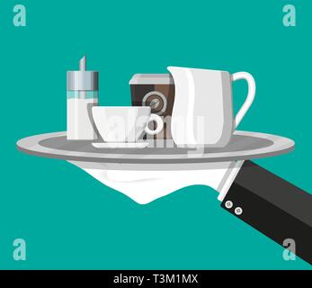 Kaffee auf Untertasse, Milchkännchen, Zucker Spender und Papier Kaffeetasse auf dem Teller in der Hand der Kellner. Vector Illustration im flachen Stil Stock Vektor