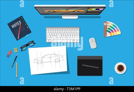 Designer Arbeitsplatz. Illustrator Desktop mit Tools. Desktop-PC, Tastatur, Maus, Gläser, Notizen, pen, Kaffee. Auf dem Papier leer und Grafik Tablett Skizze Stock Vektor