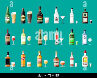Alkohol Getränke Sammlung. Flaschen mit Brille. Champagner Wein Whisky Wodka Bier brandy Tequila vermouth cognac Likör gin rum Absinth sambuca Cide Stock Vektor