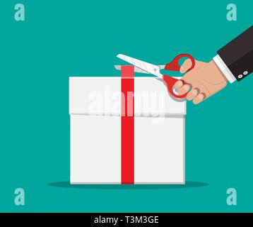 Von Hand mit der Schere schneiden red ribbon auf Geschenkkarton. Feier, das Geben von Geschenken, Überraschungen, Urlaub. Vector Illustration im flachen Stil Stock Vektor