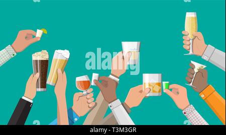 Hände Group Holding Gläser mit Wein, Wodka, Tequila, Spirituosen, Champagner, Whiskey, Bier und cognac Drinks. Feier Feier, Ferien. Vektor Illu Stock Vektor