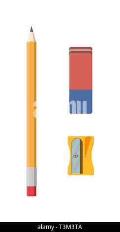Schwarz, Bleistift, Anspitzer und Radiergummi. Schreibwaren. Bürobedarf. Vector Illustration, flacher Stil Bleistift Stock Vektor