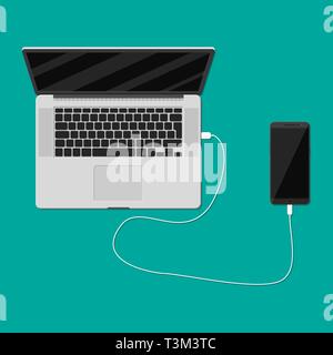 Handy eingesteckt und Aufladen über USB-Port des Laptops. Vector Illustration im flachen Stil Stock Vektor