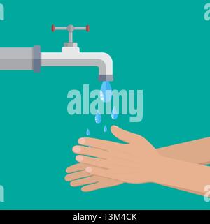 Hände unter Wasser fallen Aus tippen. Man wäscht Hände, Hygiene, Wasser Erhaltung. Vector Illustration im flachen Stil Stock Vektor