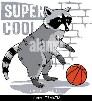 Waschbär Vector Illustration und tollen Spruch für die t-shirt Design. Waschbär Basketball spielen. Athletische Graphic Tee Stock Vektor