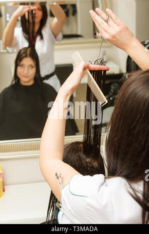 Friseur schneiden dunkle Haare mit professioneller Schere, die Pflege von Split Haar endet. Stockfoto