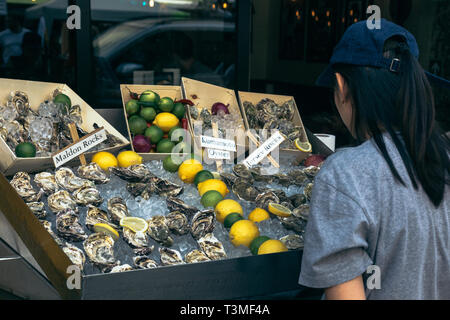 Frau Wahl Austern an der Portobello Market in London, Großbritannien Stockfoto