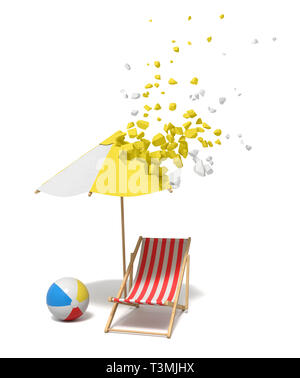 3D-Rendering von gestreiften Liegestuhl, Wind und Strand sunbrella, das in Stücke von seinen Oberen auf weißem Hintergrund zu lösen. Stockfoto