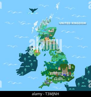 England, Großbritannien Karte mit berühmten Sehenswürdigkeiten Stock Vektor