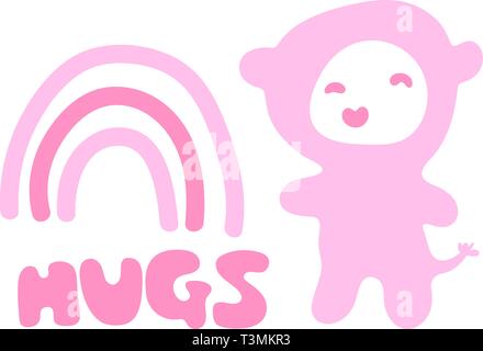 Hand gezeichnet Vector Illustration eines Kawaii lustige Zeichen, Regenbogen und Phrase Umarmungen. Isolierte Objekte auf weißem Hintergrund. Doodle Strichzeichnung. Design Stock Vektor