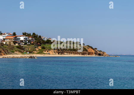 Panoramablick auf Stadt Nea Fokea, Kassandra, Chalkidiki, Zentralmakedonien, Griechenland Stockfoto