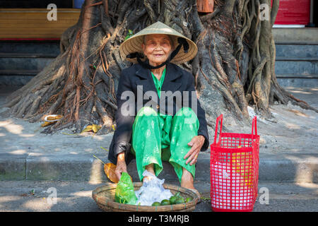 Alte Vietnamesin Verkauf einer kleinen Menge Obst aus einem Korb, auf der Straße in der alten Obstmarkt, Hoi An, Quang Nam, Vietnam, Asien Stockfoto