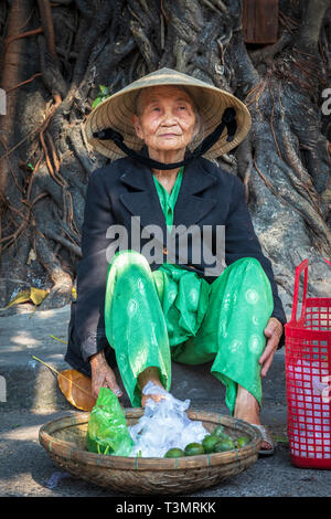 Alte Vietnamesin Verkauf einer kleinen Menge Obst aus einem Korb, auf der Straße in der alten Obstmarkt, Hoi An, Quang Nam, Vietnam, Asien Stockfoto