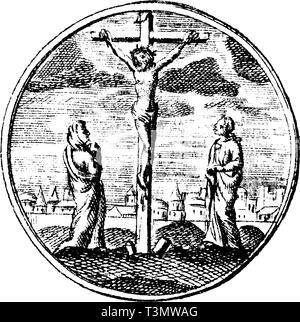 Antike Vektorzeichnung oder Gravur von Gerundeten grunge vintage Abbildung: Kreuzigung von Jesus Christus von Nazareth. Von Buch sterben Betrubte und noch ihrem beliebten Geussende Turteltaube, in Prag gedruckt, Österreich, 1716. Stock Vektor