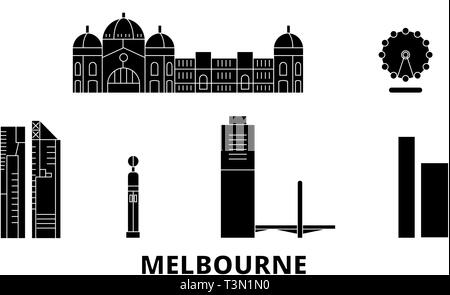 Australien, Melbourne City Wohnung reisen Skyline. Australien, Melbourne City schwarz Stadt Vektor-illustration, Symbol, Reisen, Sehenswürdigkeiten, Wahrzeichen. Stock Vektor
