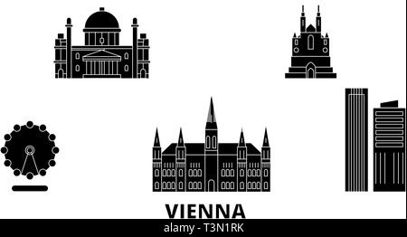 Österreich, Wien City Wohnung reisen Skyline. Österreich, Stadt Wien schwarz Stadt Vektor-illustration, Symbol, Reisen, Sehenswürdigkeiten, Wahrzeichen. Stock Vektor