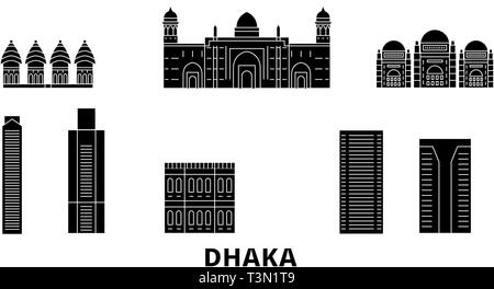 Bangladesch, Dhaka Flachbild reisen Skyline. Bangladesch, Dhaka schwarz Stadt Vektor-illustration, Symbol, Reisen, Sehenswürdigkeiten, Wahrzeichen. Stock Vektor