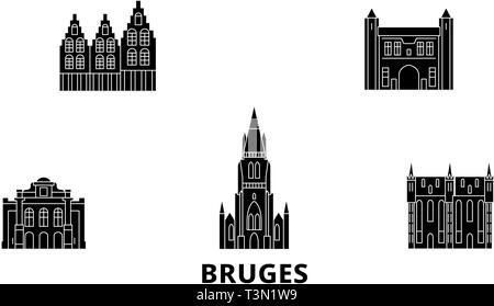 Belgien, Brügge Flachbild reisen Skyline. Belgien, Brügge schwarz Stadt Vektor-illustration, Symbol, Reisen, Sehenswürdigkeiten, Wahrzeichen. Stock Vektor