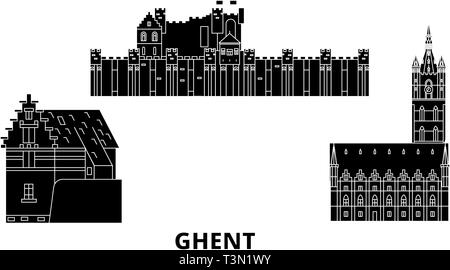 Belgien, Gent Flachbild reisen Skyline. Belgien, Gent schwarz Stadt Vektor-illustration, Symbol, Reisen, Sehenswürdigkeiten, Wahrzeichen. Stock Vektor