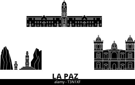 Bolivien, La Paz Flachbild reisen Skyline. Bolivien, La Paz schwarz Stadt Vektor-illustration, Symbol, Reisen, Sehenswürdigkeiten, Wahrzeichen. Stock Vektor