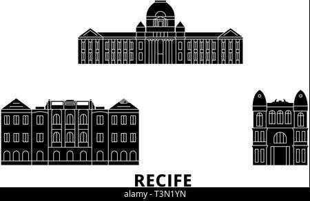 Brasilien, Recife Flat reisen Skyline. Brasilien, Recife schwarz Stadt Vektor-illustration, Symbol, Reisen, Sehenswürdigkeiten, Wahrzeichen. Stock Vektor