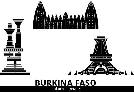 Burkina Faso Flachbild reisen Skyline. Burkina Faso schwarz Stadt Vektor-illustration, Symbol, Reisen, Sehenswürdigkeiten, Wahrzeichen. Stock Vektor