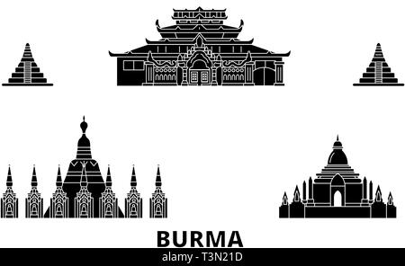 Birma Flachbild reisen Skyline. Birma schwarz Stadt Vektor-illustration, Symbol, Reisen, Sehenswürdigkeiten, Wahrzeichen. Stock Vektor