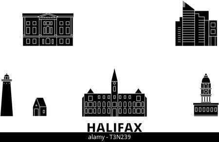 Kanada, Halifax Flachbild reisen Skyline. Kanada, Halifax, schwarz Stadt Vektor-illustration, Symbol, Reisen, Sehenswürdigkeiten, Wahrzeichen. Stock Vektor