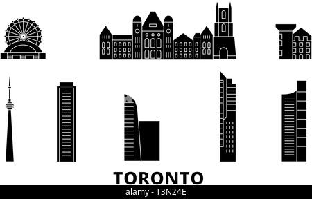 Kanada, Toronto Flachbild reisen Skyline. Kanada, Toronto schwarz Stadt Vektor-illustration, Symbol, Reisen, Sehenswürdigkeiten, Wahrzeichen. Stock Vektor
