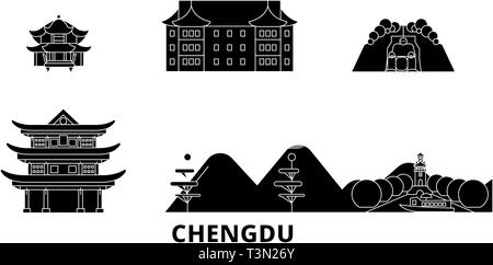 China, Chengdu Flachbild reisen Skyline. China, Chengdu schwarz Stadt Vektor-illustration, Symbol, Reisen, Sehenswürdigkeiten, Wahrzeichen. Stock Vektor