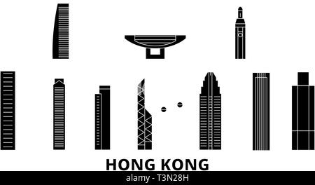 China, Hongkong Flachbild reisen Skyline. China, Hong Kong schwarz Stadt Vektor-illustration, Symbol, Reisen, Sehenswürdigkeiten, Wahrzeichen. Stock Vektor