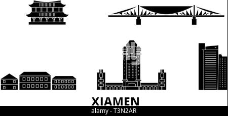 China, Xiamen Flachbild reisen Skyline. China, Xiamen schwarz Stadt Vektor-illustration, Symbol, Reisen, Sehenswürdigkeiten, Wahrzeichen. Stock Vektor