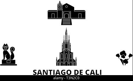 Kolumbien, Santiago de Cali Flachbild reisen Skyline. Kolumbien, Santiago de Cali schwarz Stadt Vektor-illustration, Symbol, Reisen, Sehenswürdigkeiten, Wahrzeichen. Stock Vektor