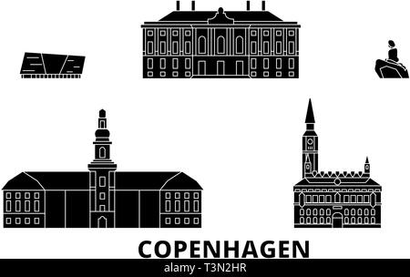 Dänemark, Kopenhagen Flachbild reisen Skyline. Dänemark, Kopenhagen schwarz Stadt Vektor-illustration, Symbol, Reisen, Sehenswürdigkeiten, Wahrzeichen. Stock Vektor