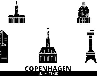 Dänemark, Copenhagen City Wohnung reisen Skyline. Dänemark, Kopenhagen Stadt schwarz Stadt Vektor-illustration, Symbol, Reisen, Sehenswürdigkeiten, Wahrzeichen. Stock Vektor