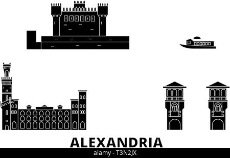 Ägypten, Alexandria Flachbild reisen Skyline. Ägypten, Alexandria schwarz Stadt Vektor-illustration, Symbol, Reisen, Sehenswürdigkeiten, Wahrzeichen. Stock Vektor