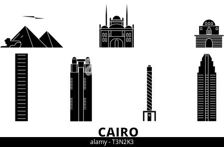 Ägypten, Kairo Flachbild reisen Skyline. Ägypten, Kairo schwarz Stadt Vektor-illustration, Symbol, Reisen, Sehenswürdigkeiten, Wahrzeichen. Stock Vektor