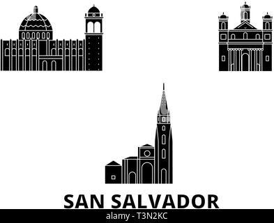 El Salvador, San Salvador Flachbild reisen Skyline. El Salvador, San Salvador schwarz Stadt Vektor-illustration, Symbol, Reisen, Sehenswürdigkeiten, Wahrzeichen. Stock Vektor